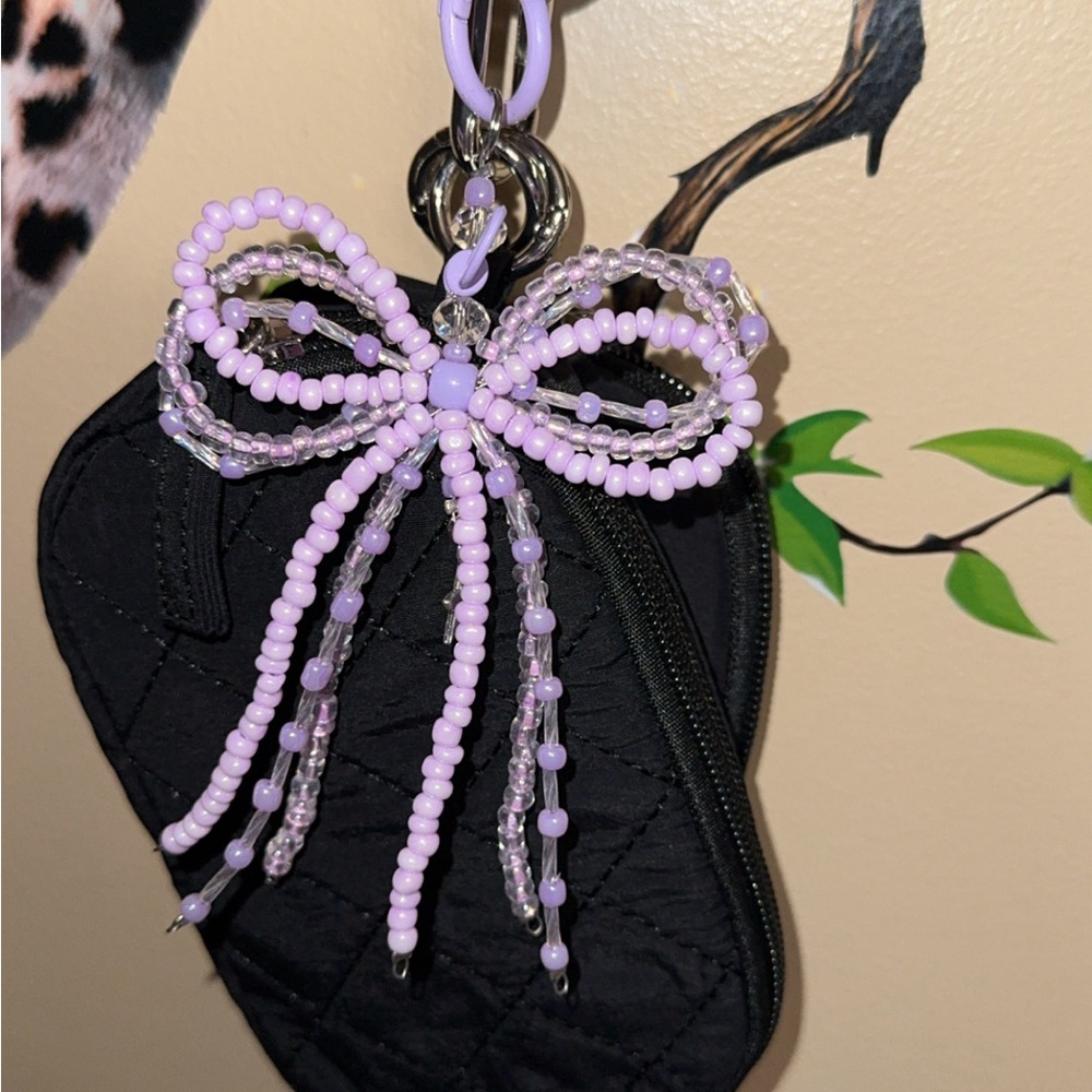 Beaded Bow Keychain with Black Quilted Pouch